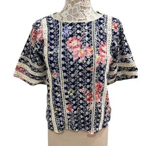 NWT Anthropologie Floral Lace Trim Navy Top